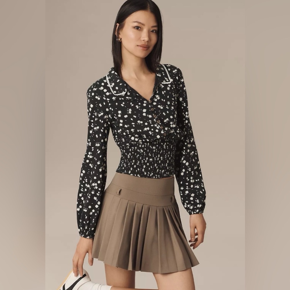 MAEVE Antro Black Smocked Button Down Floral Cottagecore Long Sleeve Size‎ XXS
